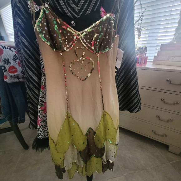 HEATHERETTE Dress Sequin Heart Mini Tinkerbell Runway Vintage Y2k Paris Hilton - Picture 2 of 14